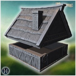 Medieval timber-framed house with thatched roof, chimney, and wooden reinforcements (10)