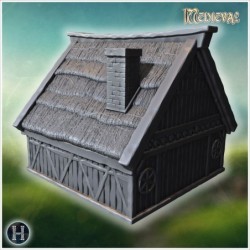 Medieval timber-framed house with thatched roof, chimney, and wooden reinforcements (10)