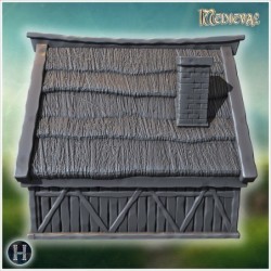 Medieval timber-framed house with thatched roof, chimney, and wooden reinforcements (10)