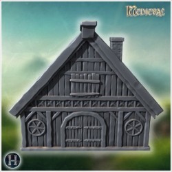 Medieval timber-framed house with thatched roof, chimney, and wooden reinforcements (10)