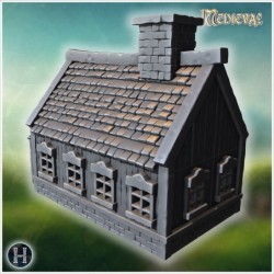 Small wooden cottage with stone foundation, detailed shingled roof, and chimney (13)