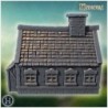 Small wooden cottage with stone foundation, detailed shingled roof, and chimney (13)