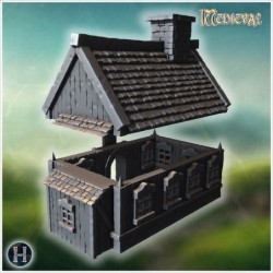 Small wooden cottage with stone foundation, detailed shingled roof, and chimney (13)