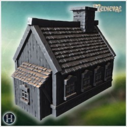 Small wooden cottage with stone foundation, detailed shingled roof, and chimney (13)