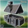 Small wooden cottage with stone foundation, detailed shingled roof, and chimney (13)