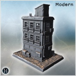 Mini market building with balconies, detailed windows, rooftop structure, and urban decorations (3)