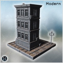 Tall stone residential building with stairs, benches, street lamps, and urban surroundings (5)