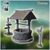 Outdoor accessory set with tile-roofed well, wooden sign and letterbox (4)