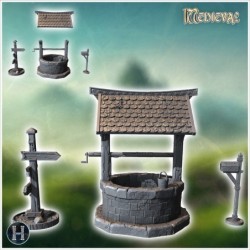 Outdoor accessory set with tile-roofed well, wooden sign and letterbox (4)