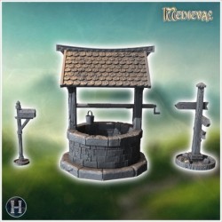 Outdoor accessory set with tile-roofed well, wooden sign and letterbox (4)