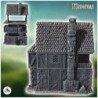 Medieval house with large exterior stone fireplace, balcony with ladder and wooden door (38)