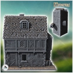 Medieval house with large exterior stone fireplace, balcony with ladder and wooden door (38)