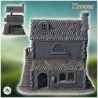 Medieval house with large corner stone fireplace, multi-panel tiled roof and arched windows (39)