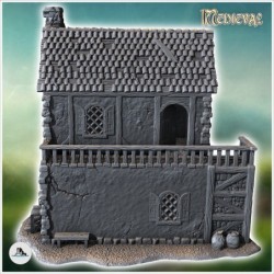 Medieval house with large corner stone fireplace, multi-panel tiled roof and arched windows (39)