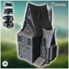 Medieval half-timbered house with stone fireplace, access staircase and rope over roof (42)