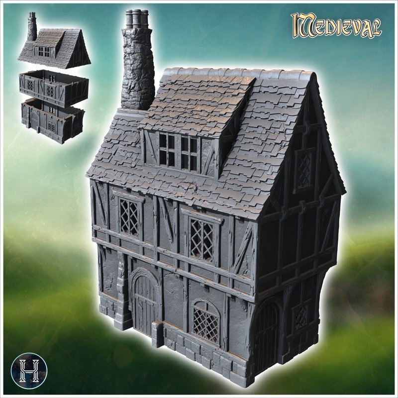 Medieval house with chimney, concave roof and upside-down dormer (45)