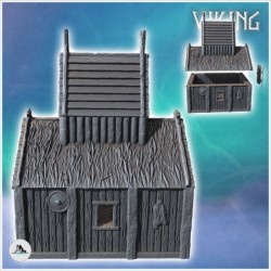 Large Viking building with thatched roof, high platform and wood storage annex (18)