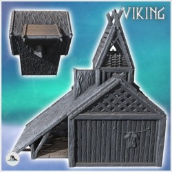 Grand bâtiment viking avec toit en chaume, plateforme en hauteur et annexe de stockage de bois (18)