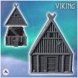 Bâtiment viking en planche de bois avec boucliers sur murs (19)