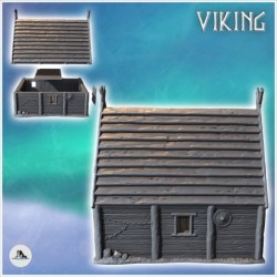 Bâtiment viking en planche de bois avec boucliers sur murs (19)