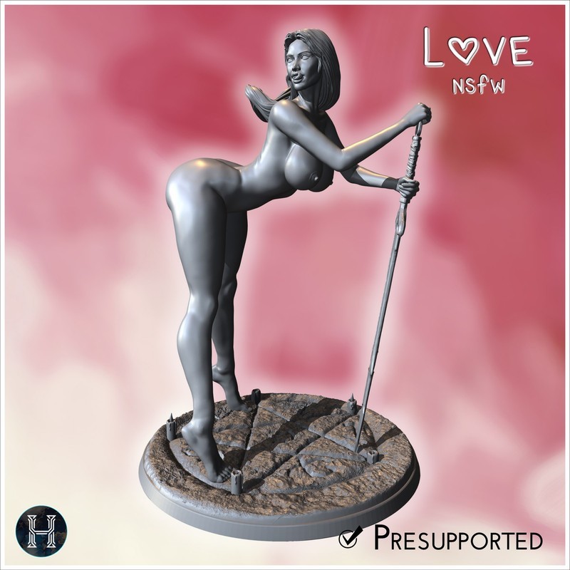 Fully nude female leaning on a spear, standing confidently on a textured circular platform (10) (NSFW)