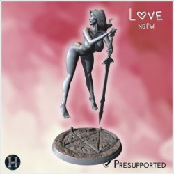 Fully nude female leaning on a spear, standing confidently on a textured circular platform (10) (NSFW)