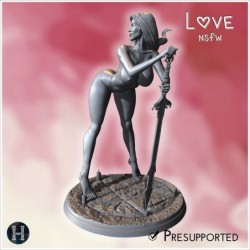 Fully nude female leaning on a spear, standing confidently on a textured circular platform (10) (NSFW)