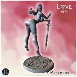 Fully nude female leaning on a spear, standing confidently on a textured circular platform (10) (NSFW)