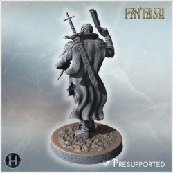 Male vampire hunter with two weapons, detailed outfit, standing on a decorated circular base (12)