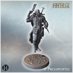 Male vampire hunter with two weapons, detailed outfit, standing on a decorated circular base (12)