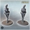 Duo of playful clown women with detailed corset, ruffled skirt, and fishnet stockings on wooden base (15)