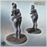 Duo of playful clown women with detailed corset, ruffled skirt, and fishnet stockings on wooden base (15)