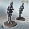 Duo of playful clown women with detailed corset, ruffled skirt, and fishnet stockings on wooden base (15)