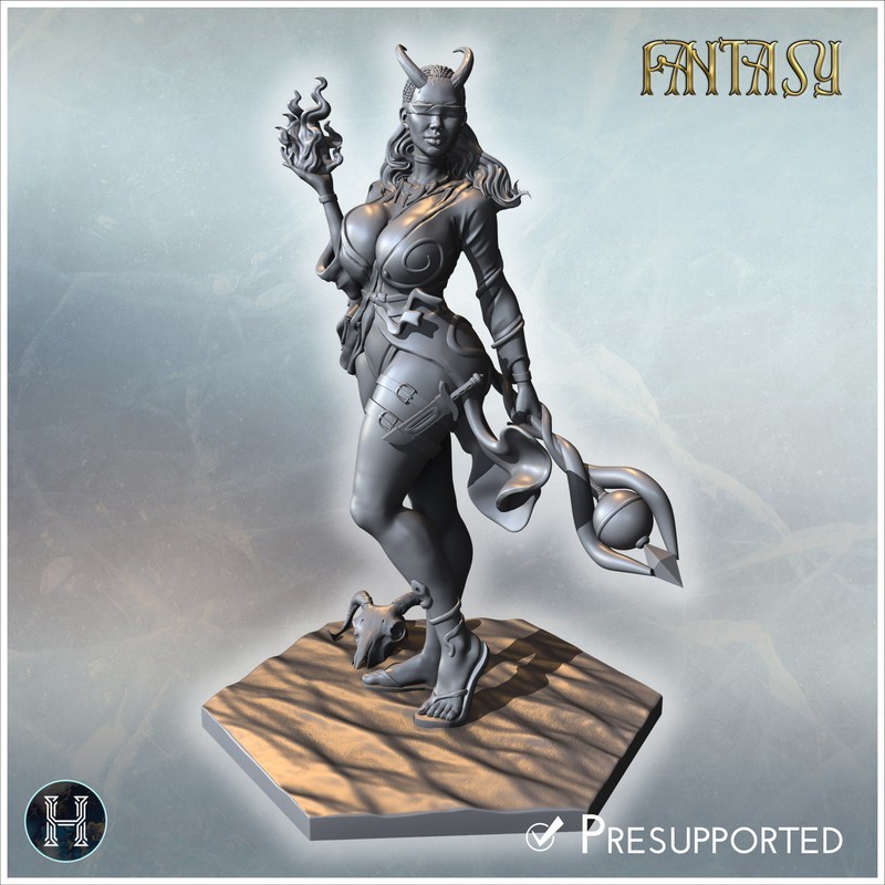 Succubus with horns and flowing hair holding a flame, standing on hexagonal sandy base (20)