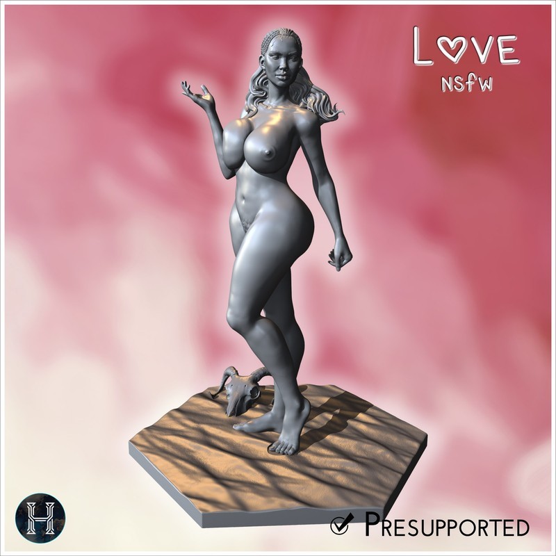 Nude succubus standing gracefully with horns and flame, posed on sandy hexagonal platform (NSFW) (24)