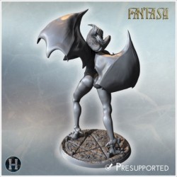 Vampire bat-woman in motion, clawed hands and spread wings, standing on rugged textured base (27)