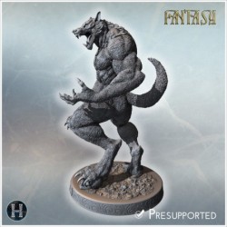 Loup-garou avec griffes acérées, expression féroce et musculature sur une base circulaire détaillée (29)