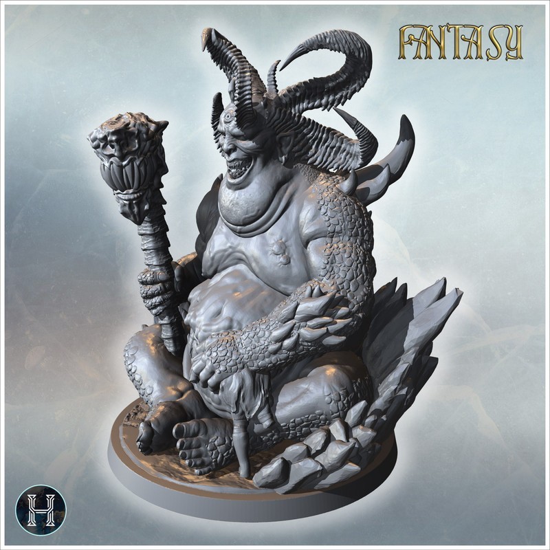 Fat demonic figure seated on a rocky base, holding a monstrous staff with details (42)