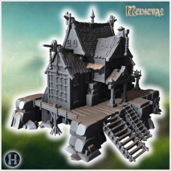 Large pirate building on rocky cliffs with multiple staircases, balconies, and wooden walkways (10)