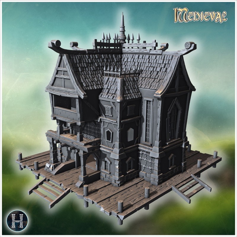 Mysterious pirate house with gothic design, wooden balconies, and an imposing dock structure (11)