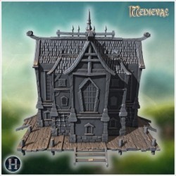 Mysterious pirate house with gothic design, wooden balconies, and an imposing dock structure (11)