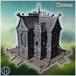 Mysterious pirate house with gothic design, wooden balconies, and an imposing dock structure (11)