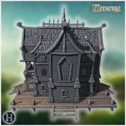 Mysterious pirate house with gothic design, wooden balconies, and an imposing dock structure (11)