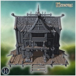 Mysterious pirate house with gothic design, wooden balconies, and an imposing dock structure (11)