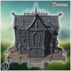 Mysterious pirate house with gothic design, wooden balconies, and an imposing dock structure (11)