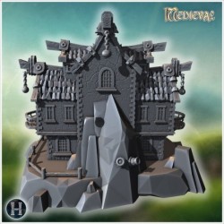 Elevated pirate house on rocky terrain with wooden walkways, stairs, and decorative chains (12)