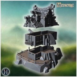 Elevated pirate house on rocky terrain with wooden walkways, stairs, and decorative chains (12)