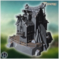 Elevated pirate house on rocky terrain with wooden walkways, stairs, and decorative chains (12)