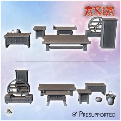 Asian interior furniture set with tables, shelves and baskets (8)