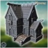 Haunted house with steep tiled roofs, wooden balconies, and intricate stone details on walls (14)